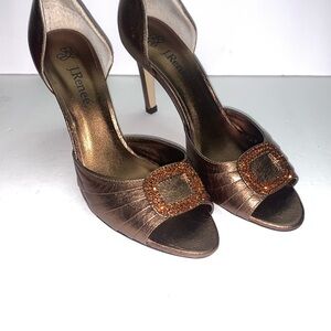 J.Renee Bronze peep toe heels with rhinestone buckle, elegant evening or formal